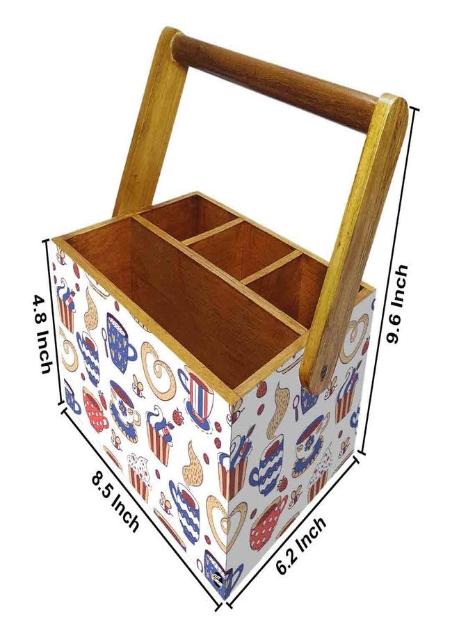 Nutcase Wooden 4 Compartment Utensil Flatware Cutlery Caddy Holder with Handle Napkin Stand - Tea Cup - Image 3